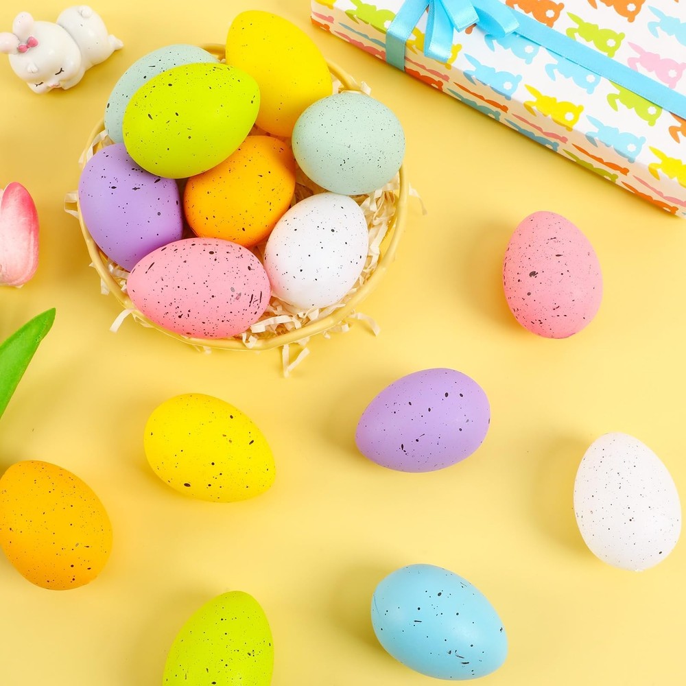16 Pcs Speckled Easter Eggs,2.4 Inch Plastic Colorful Easter Eggs Table Decor...