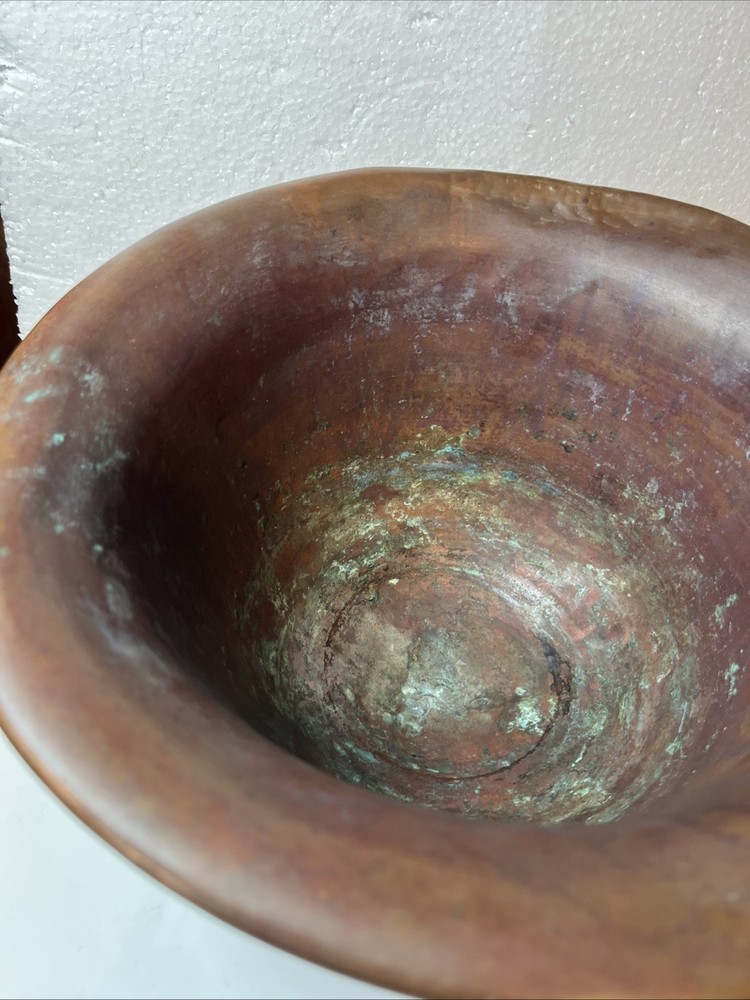 Primitive Copper Mixing Basin Rounded Base Rolled Rim Patina
