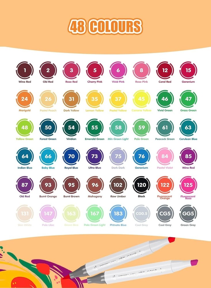 48-Colour Dual-Tip Alcohol Art Marker Set with Brush & Chisel Tips