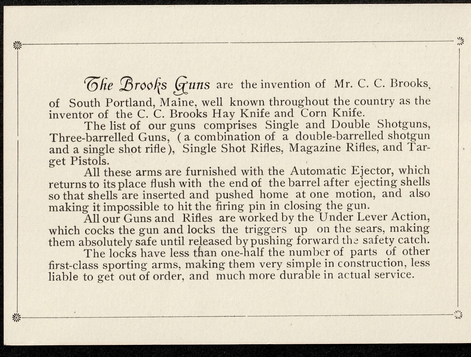 Brooks 3-Barrelled Shotgun 1892 Arms & Tool Rifle Folder Advertising Trade Card