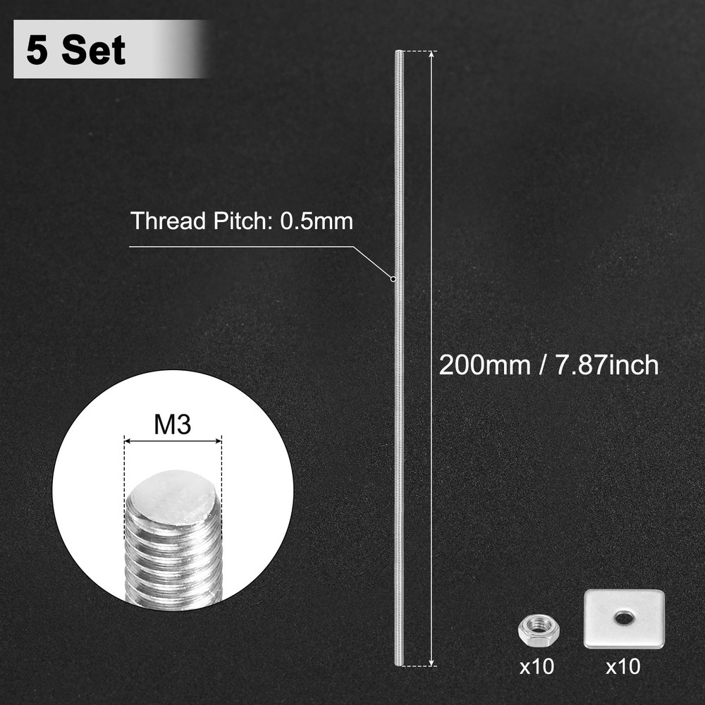 5-Set Fully Threaded Rod, M3x200mm Right Hand Thread Bar Studs with Nuts