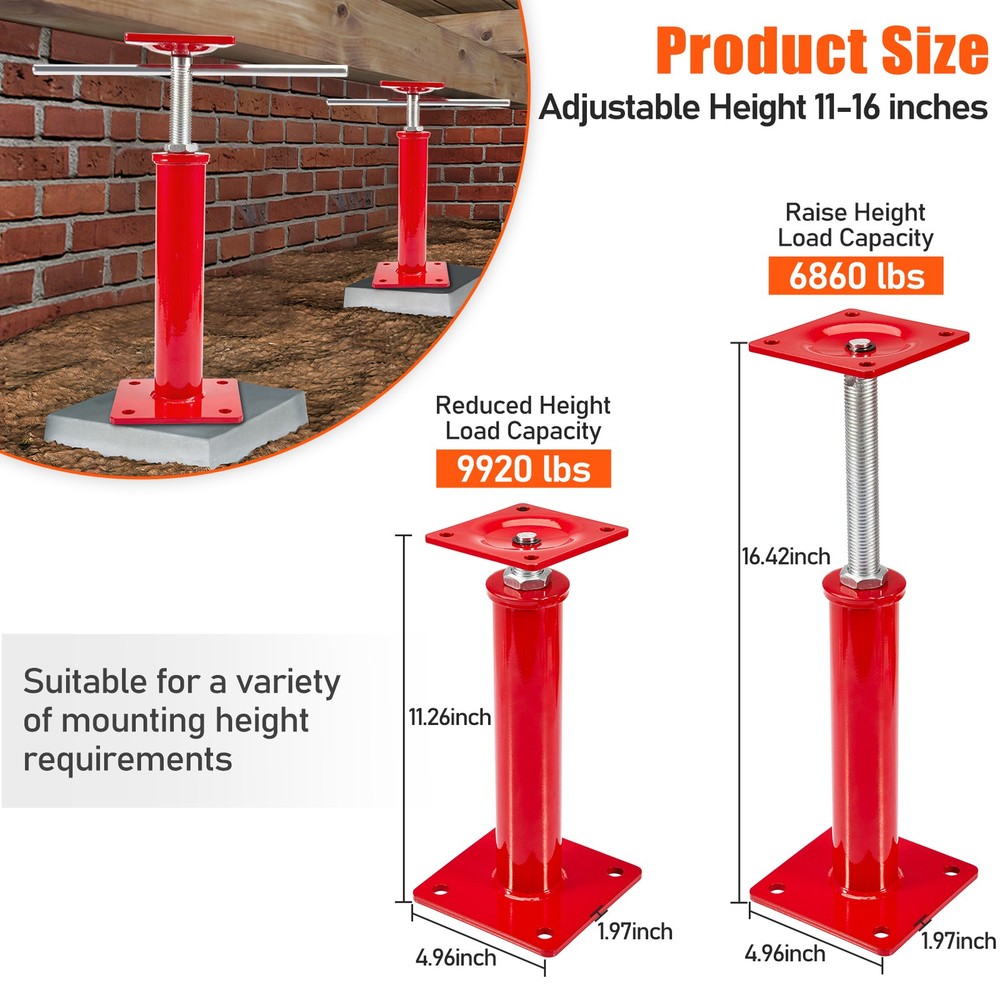 2 Pack House Jacks for Leveling Crawlspace - 11 to 16 Inch Adjustable Support