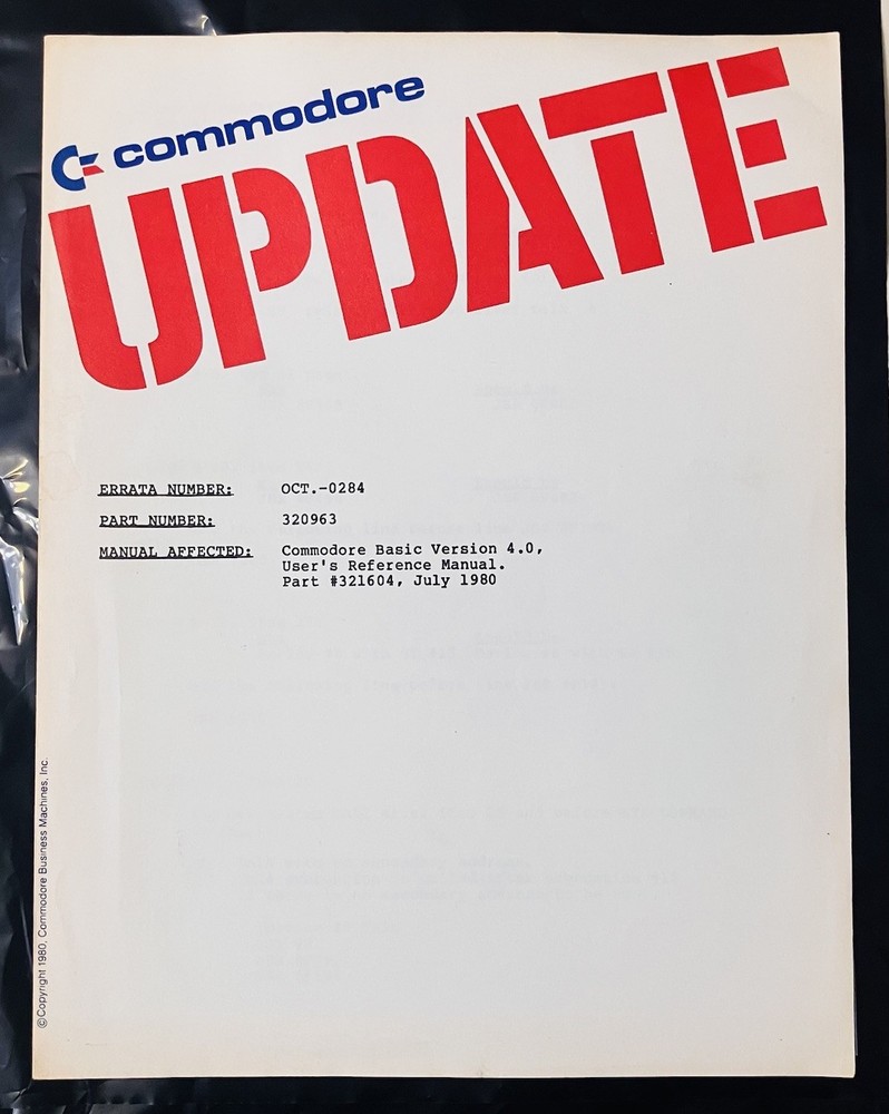 Vintage Commodore BASIC 4.0 Manual Update Errata Sheet, 1980, Part: 320963, Rare