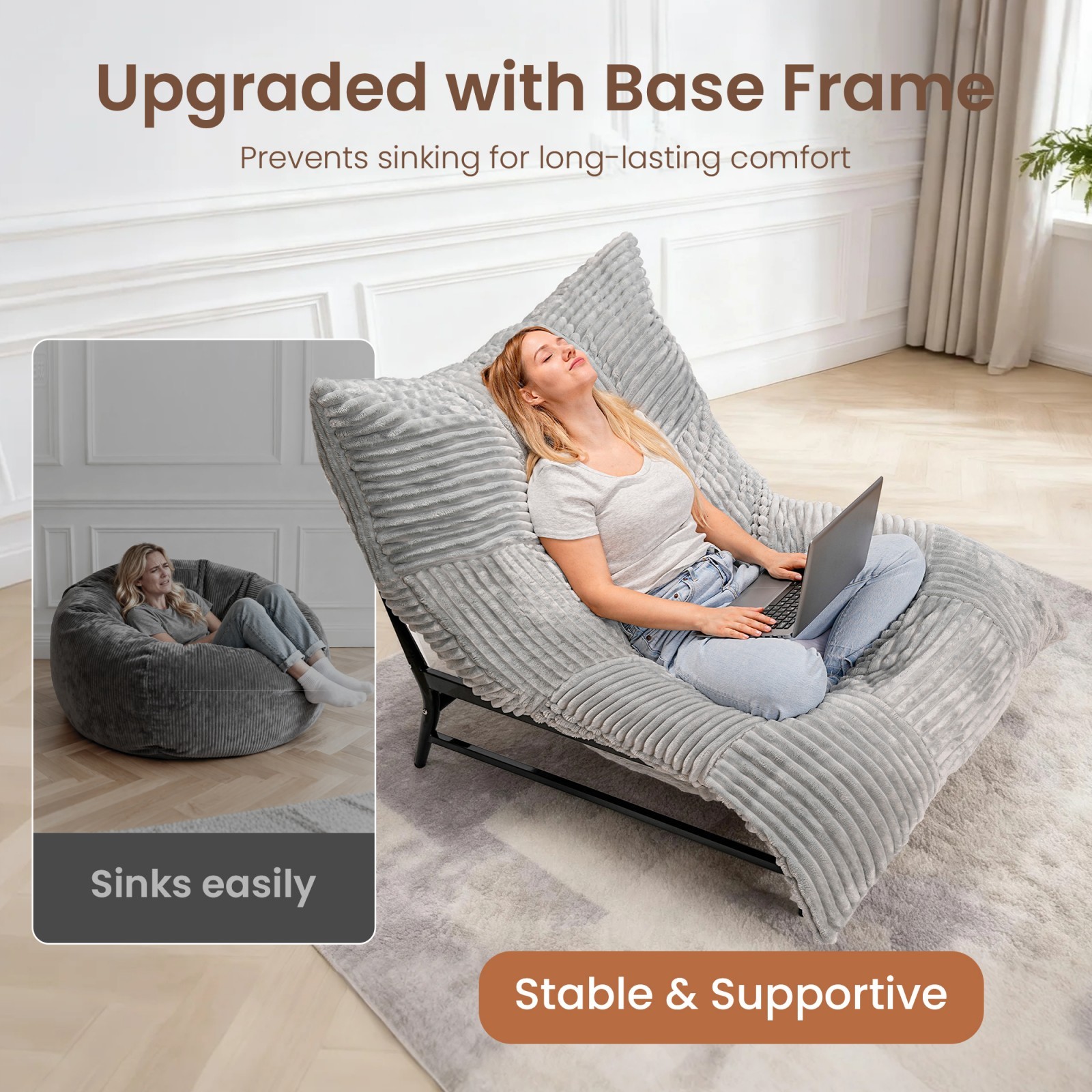 Bean Bag Chair Giant Lounge Chair with Metal Base for Living Room Lazy Sofa Bed