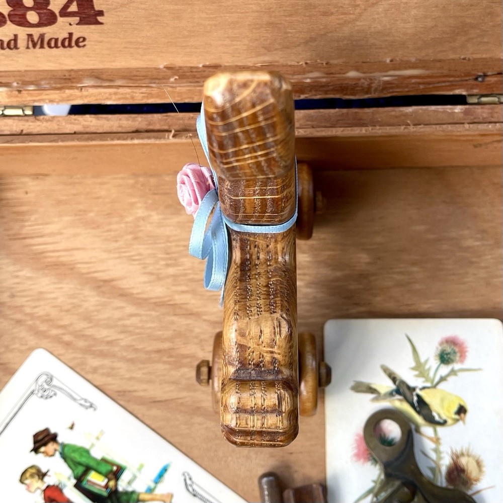 Vintage Wooden Bunny Rabbit Rolling Push Toy Missing Pull String Nursery Decor