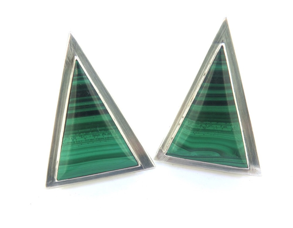 Stunning Handmade Sterling Silver & Malachite Clip-on Earrings 28.8g