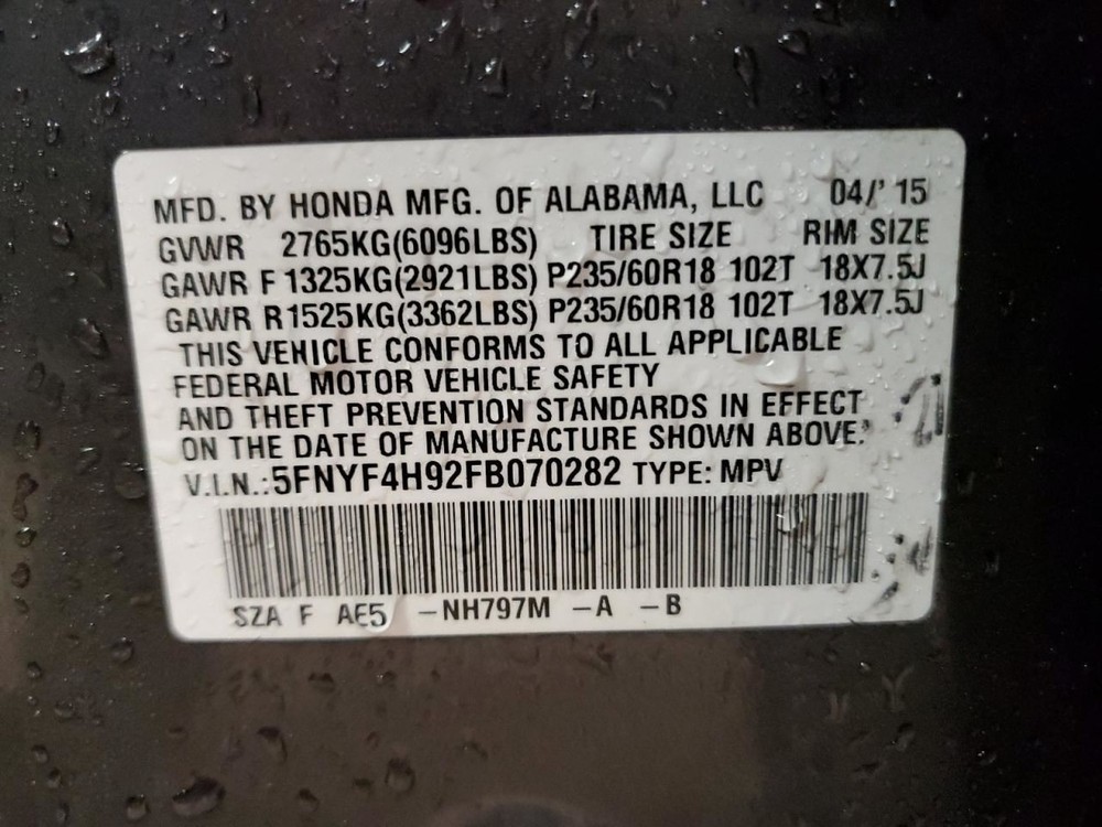 Chassis ECM Suspension TPMS Left Hand Dash Fits 12-15 PILOT 1492811
