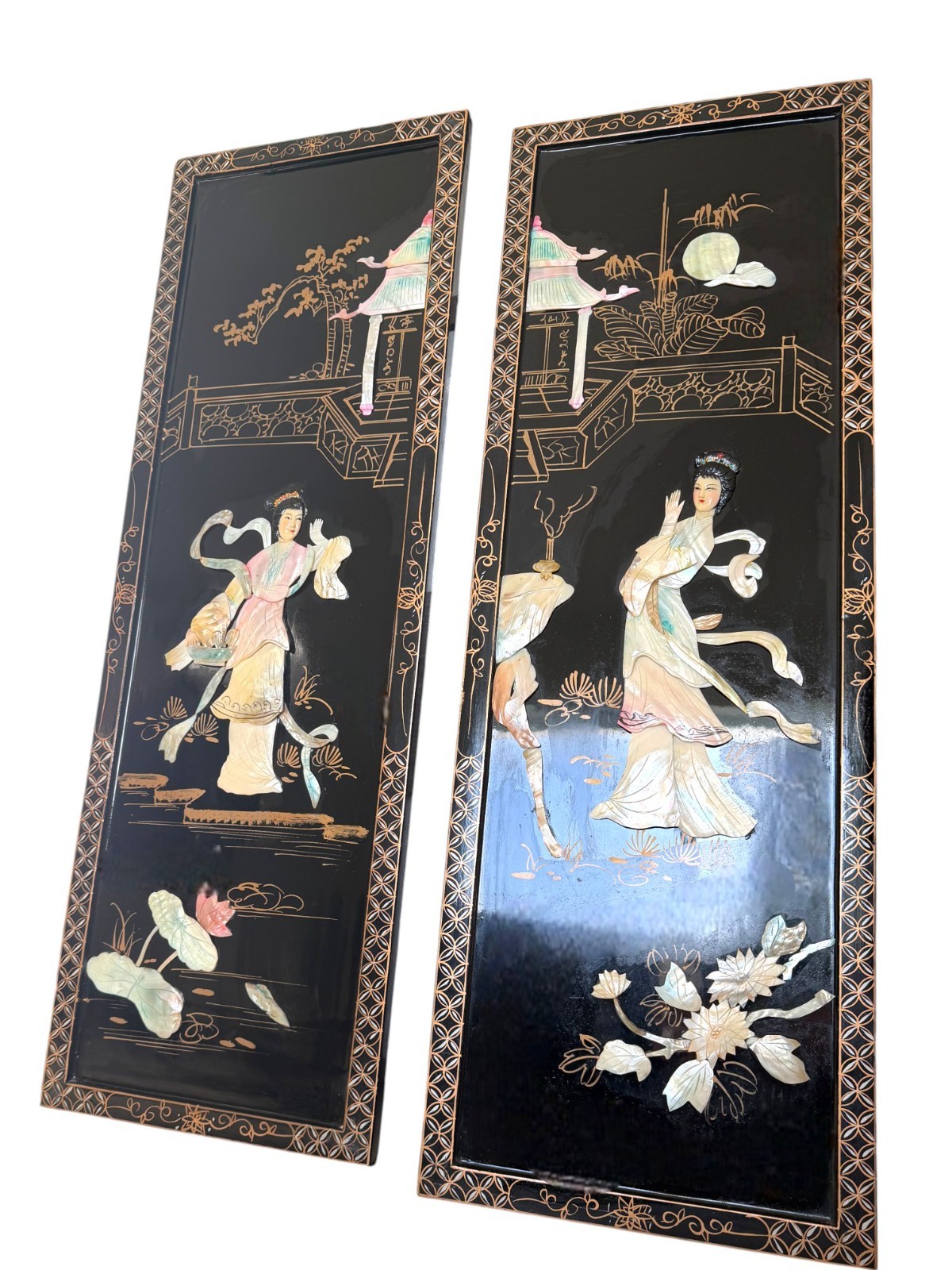 Vintage Chinese Black Lacquer Wall Panels 12x36 Mother of Pearl Inlay Set of 2
