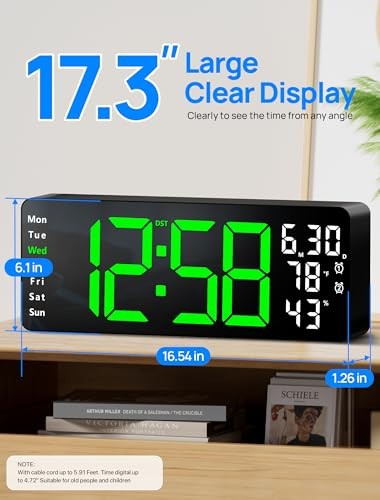 17.3" Large Digital Wall Mount Clock, Digital Clock with Remote Control, Green