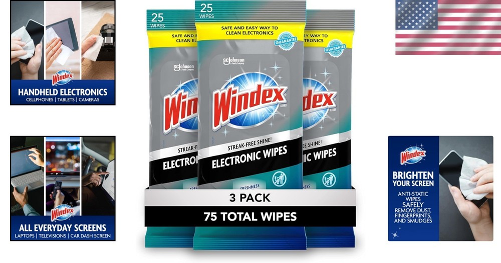 Windex Anti-Static Electronic Cleaning Wipes, 25 Count Each - 3 Pack Value Set