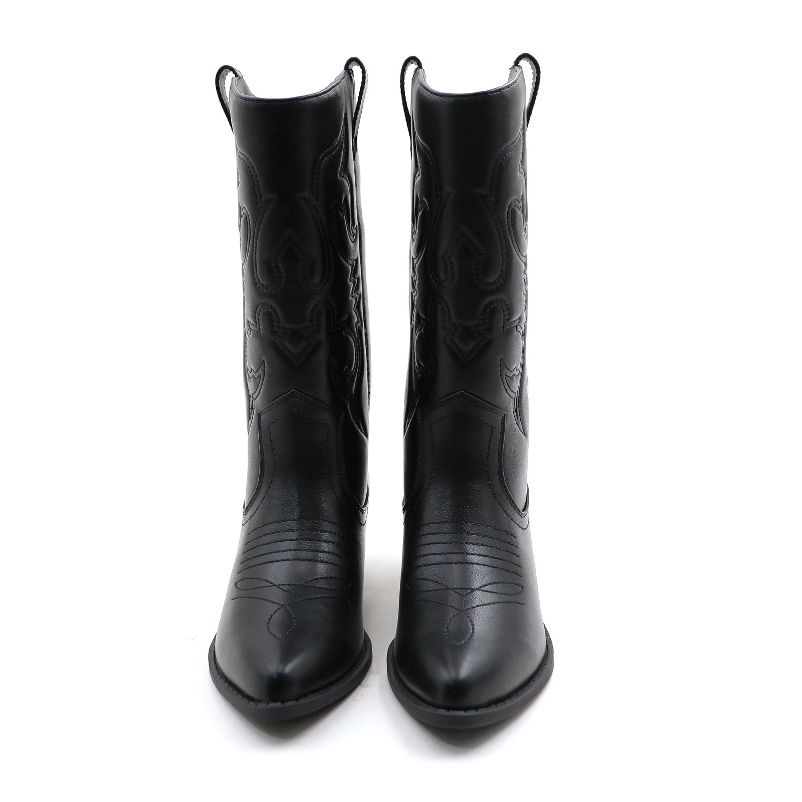 Women Western Cowgirl Boots Faux Leather Mid-Calf Length with Embroidered Design