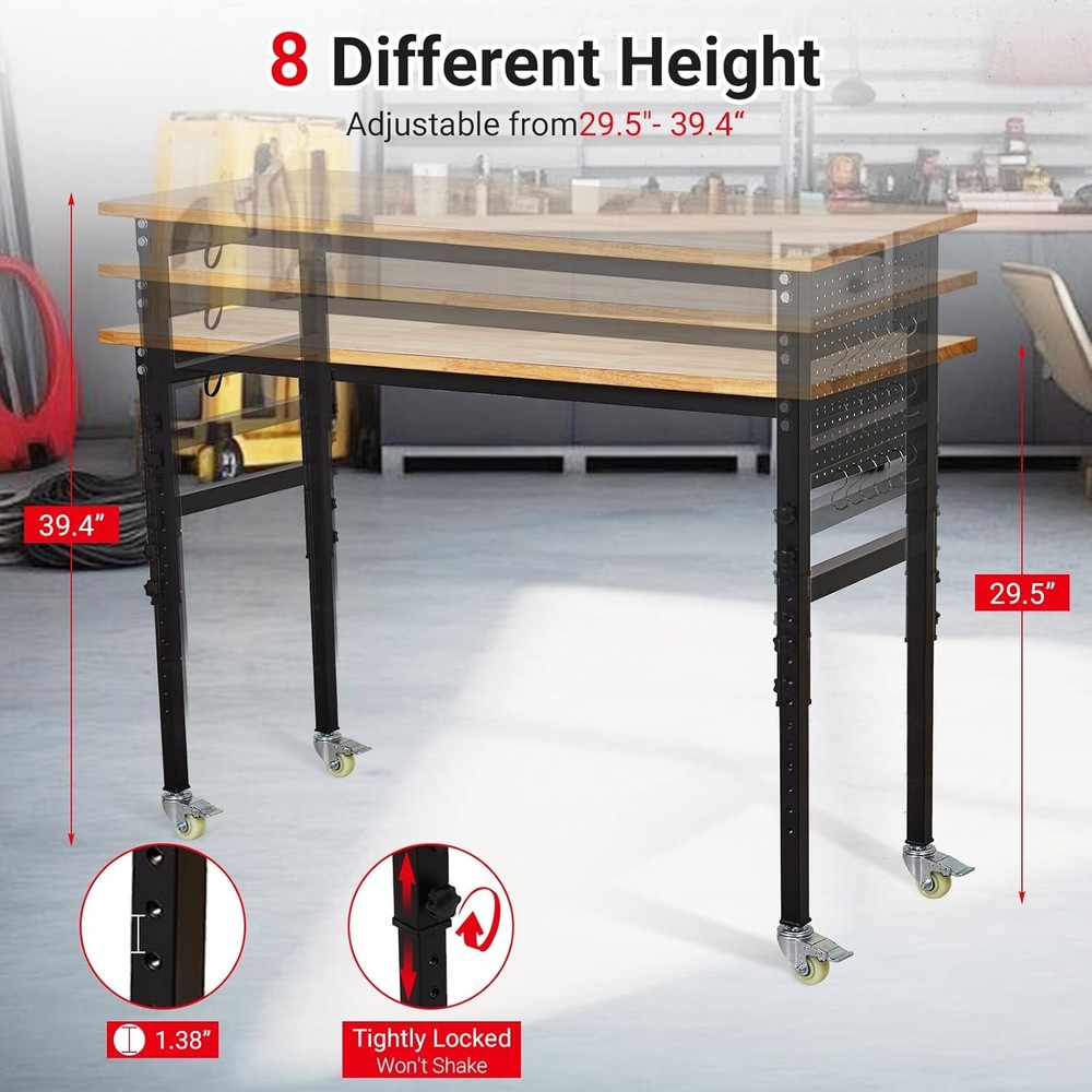 48" Adjustable Workbench Rolling Heavy-Duty Work Table w/ Wheels & Power Outlet