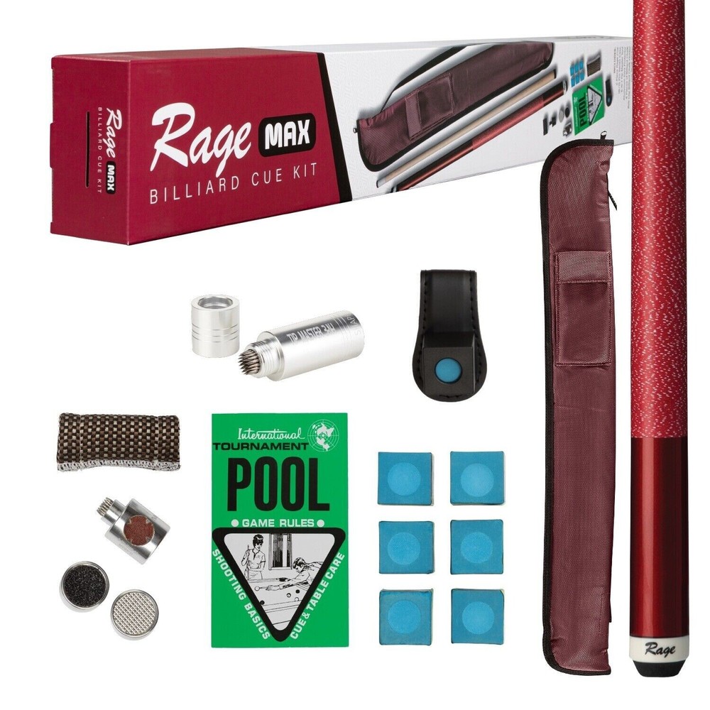 RAGE Billiard Cue Kit (Burgundy)Beginners starter Bundle- pool cue & more
