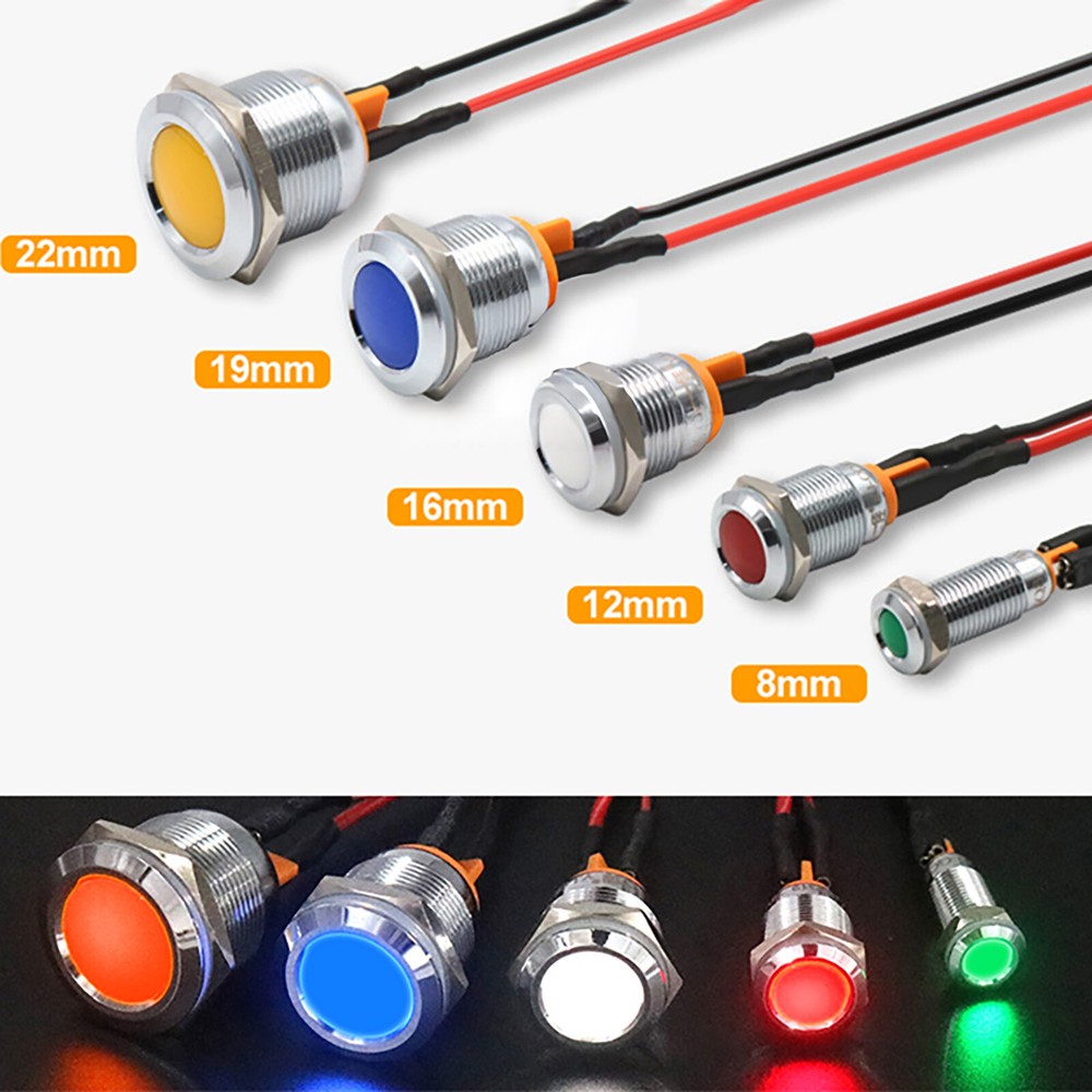 8mm-22mm Waterproof LED Indicator Warning Signal Light Thread Metal Panel Mount