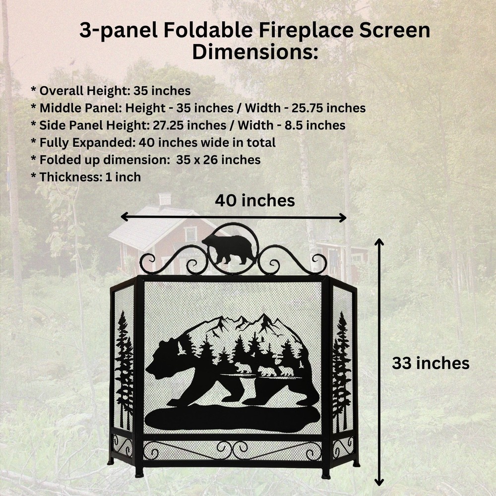 3-Panel Fireplace Screen with Bear and Mountain Scenery Design