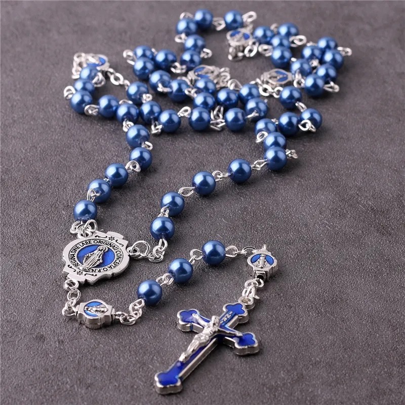 Catholic Town Rosary blue glass pearl beads Enamel Crucifix and Miraculous medal
