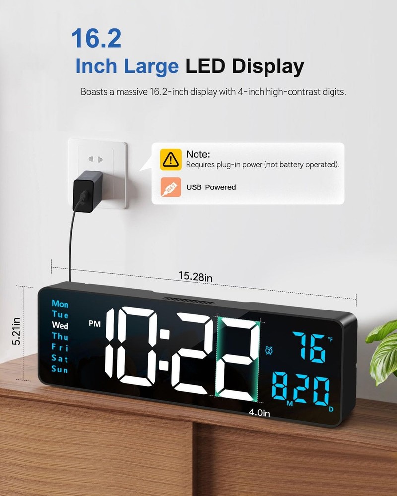 Digital Wall Clock, 16" Large Display Digital Clock with Night Light, Wall Cl...