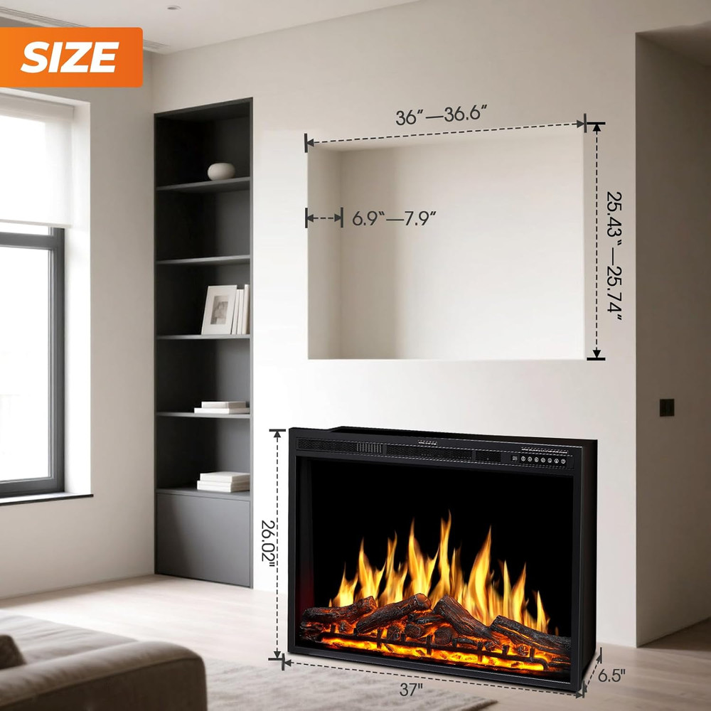 37" Electric Fireplace Insert with Remote, Adjustable Flames & Brightness