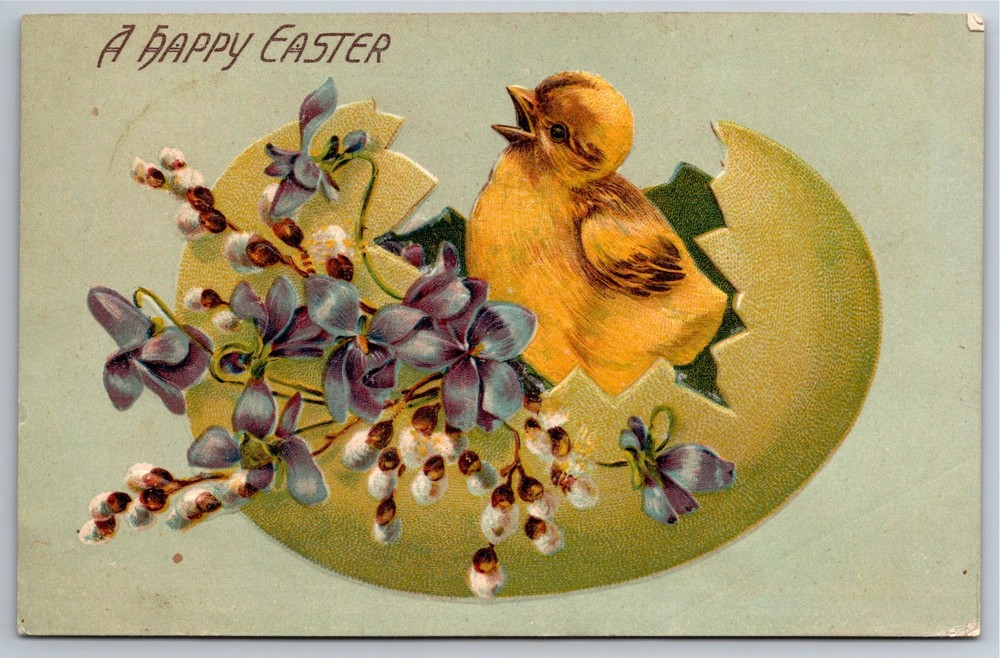 Easter, Embossed, Chick in Broken Egg Shell, Flowers, Happy, Vintage Postcard