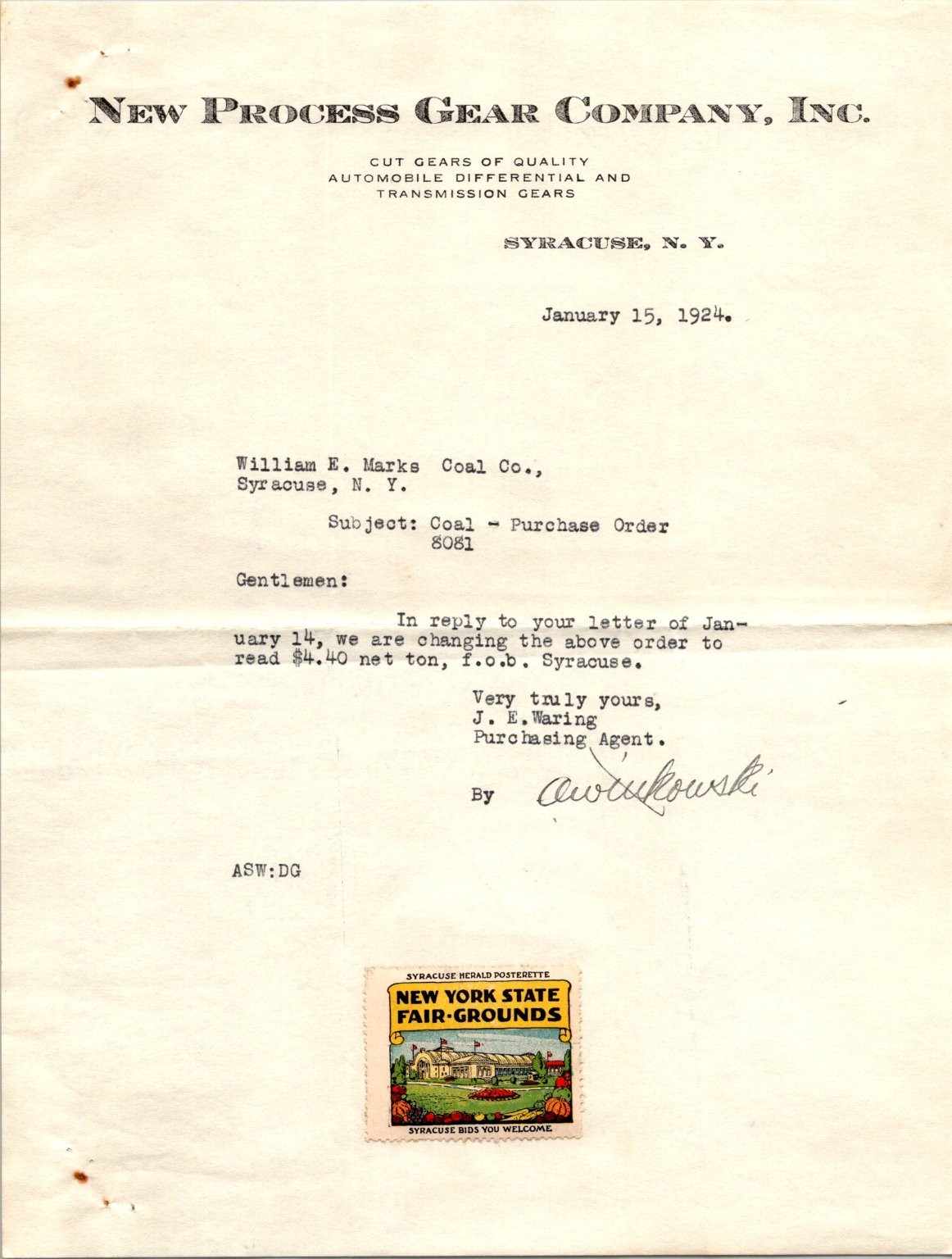 1924 New Process Gear Co. Letter w/ Vintage NY State Fairgrounds Label