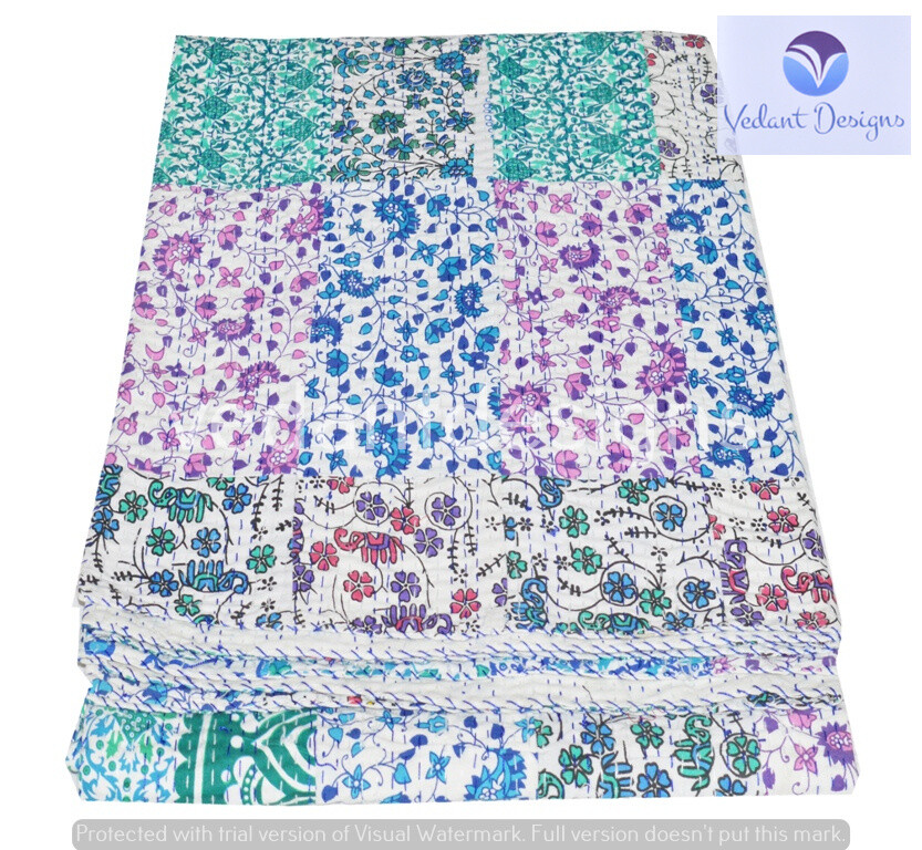 Indian Art Kantha Queen Quilt Handmade Patchwork Reversible Blanket Throw