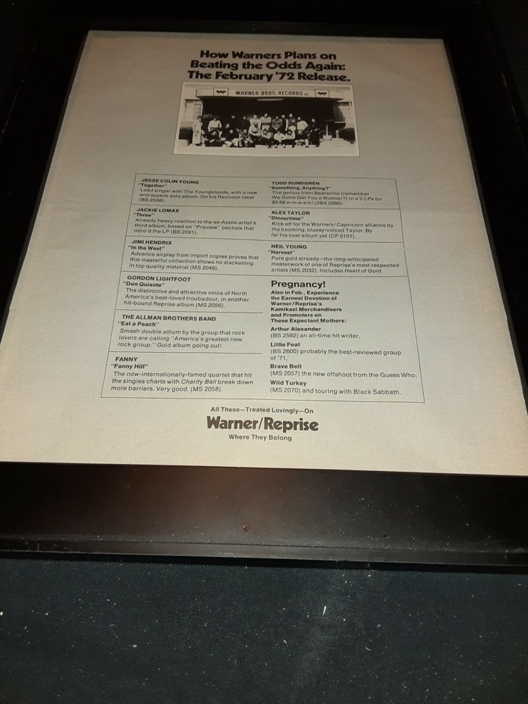 Jimi Hendrix/Allman Brothers/Neil Young Original 1972 Promo Poster Ad Framed!
