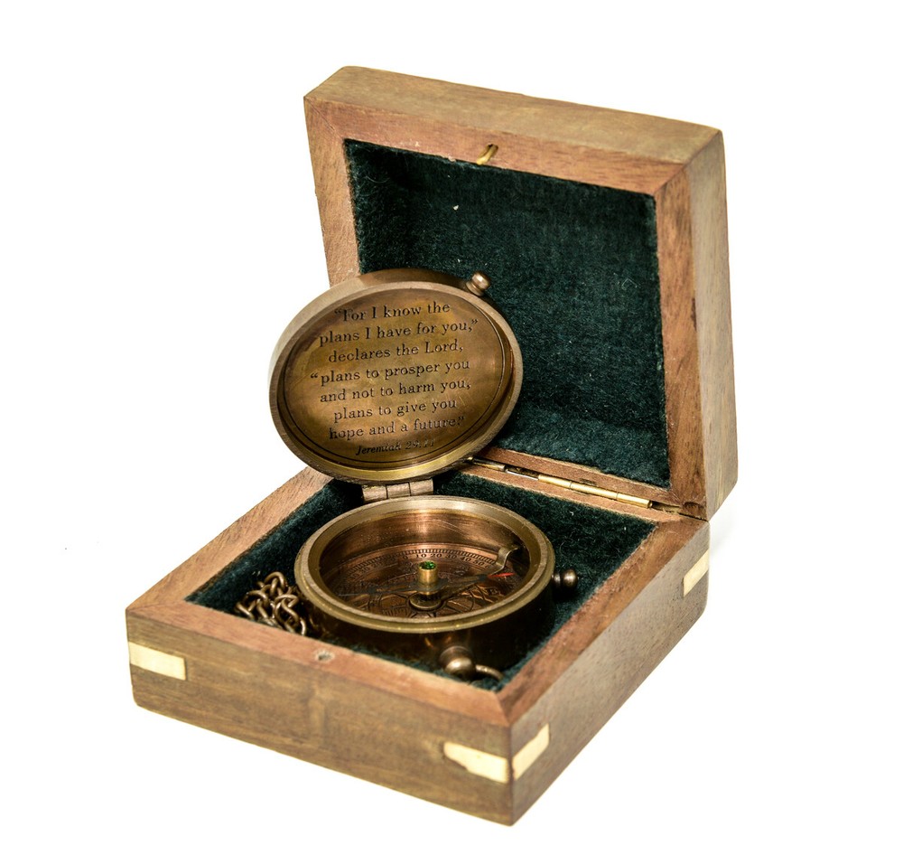 Solid Brass Magnetic Compass Antique Nautical Vintage Quote Engraved with Script