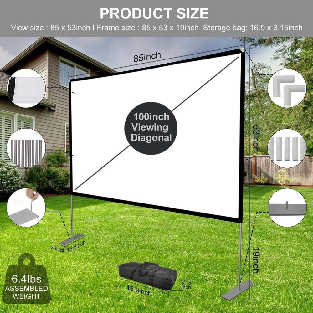 Outdoor Projector Screen with Stand 100 Inch: Portable Projection Screen