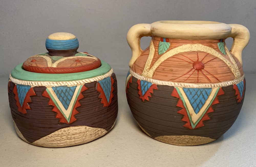 Aztec Deco Pottery Three Piece Set Vintage