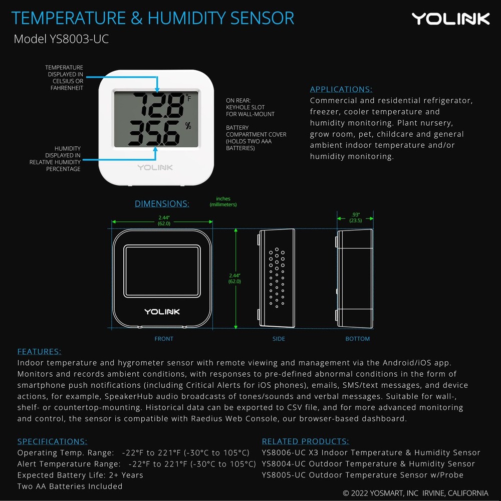 Smart Wireless Temperature & Humidity Sensor, Wide Temp Range for Fridge, Gre...