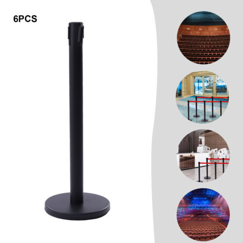 6PCS Black Stanchion Posts Queue Pole Retractable Belts Crowd Control Barrier