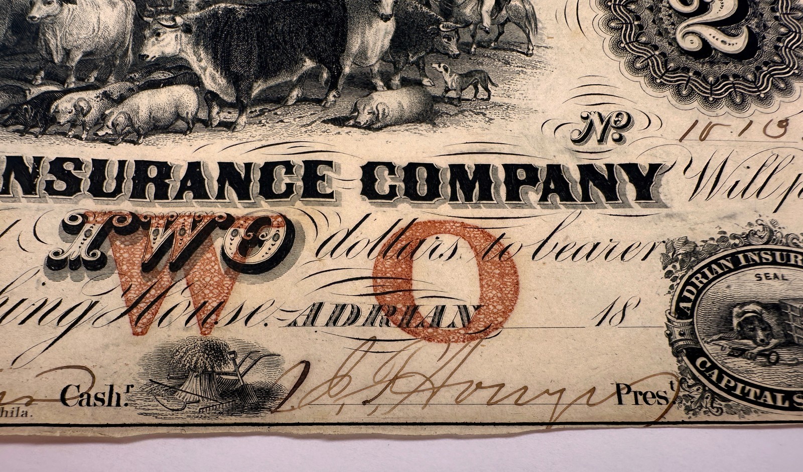 1853 $2 Adrian Insurance Company Michigan Obsolete Bank Note Two Dollars Bill MI