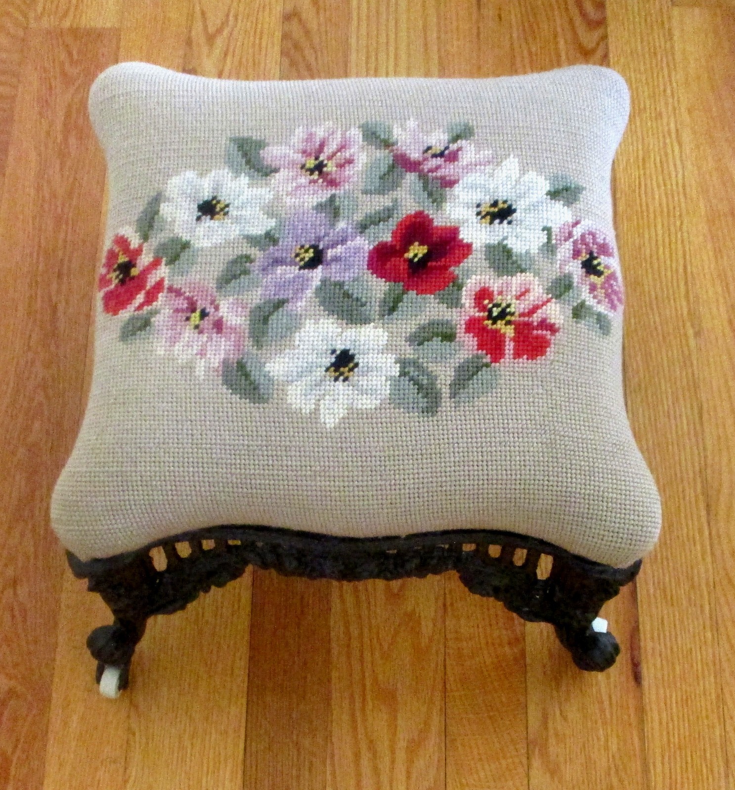 Atq Victorian Cast Iron Footstool Ottoman Ornate Rococo Base Floral Needlepoint