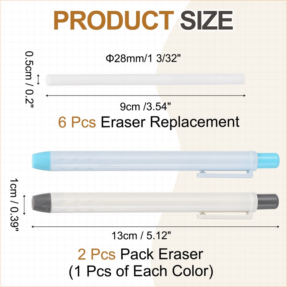 2+6Pcs Retractable Eraser Pen with 6Replacement Refill, Light Pink/Light Blue