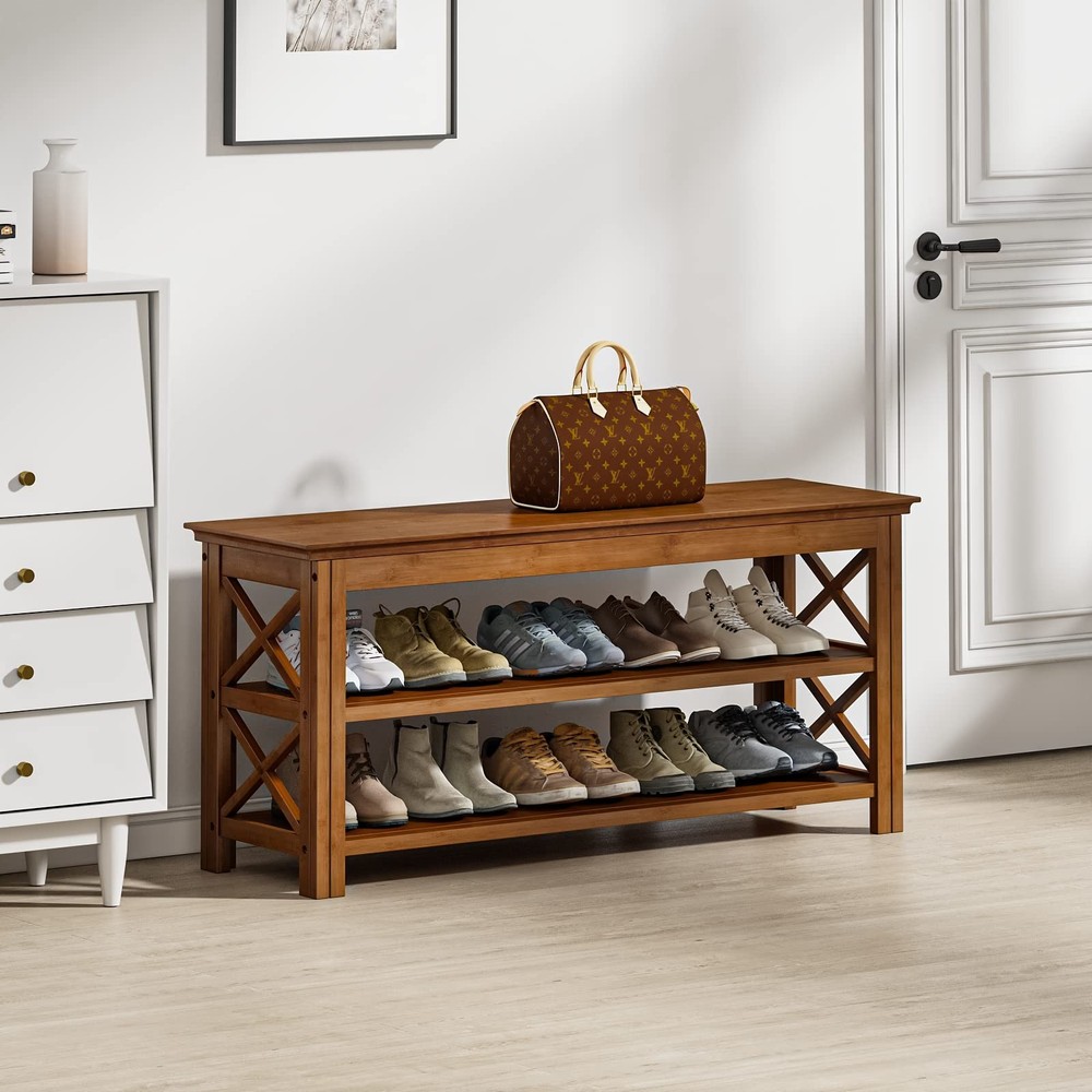 Shoe Rack Bench with Storage 3 Tier Bamboo Shoe Bench Entryway Rustic Solid W...