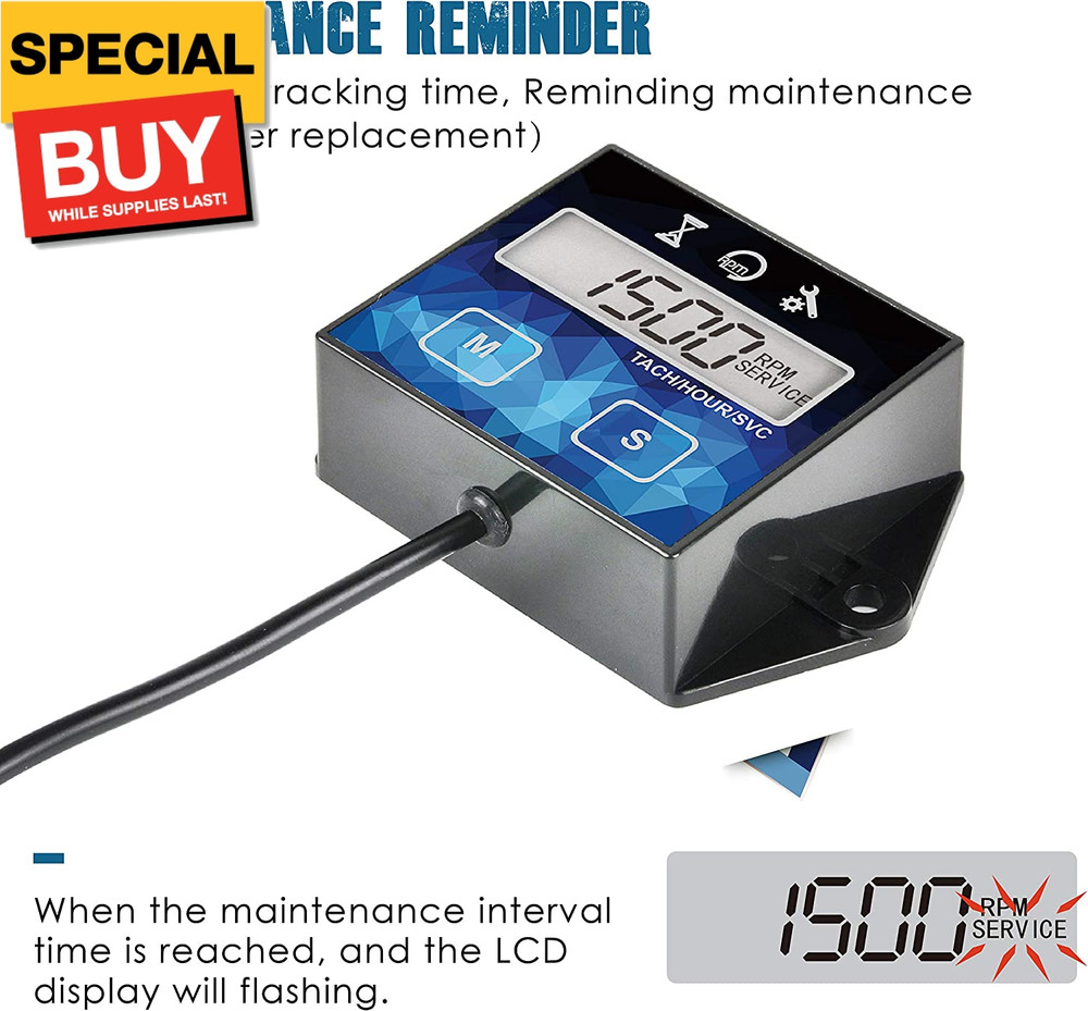 Small Engine Hour Meter, Digital Tachometer, Maintenance Reminder, Battery Repla