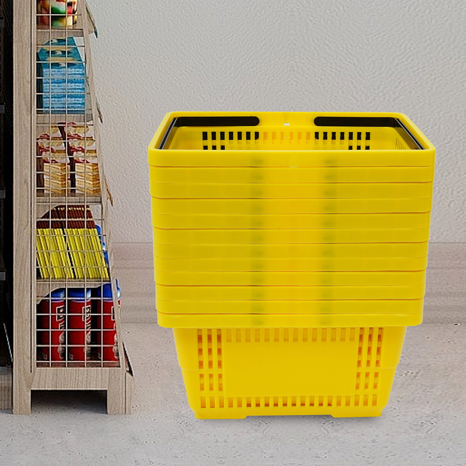 12 Packs 28L Plastic Shopping Baskets with Handles Yellow Store Retail Baskets