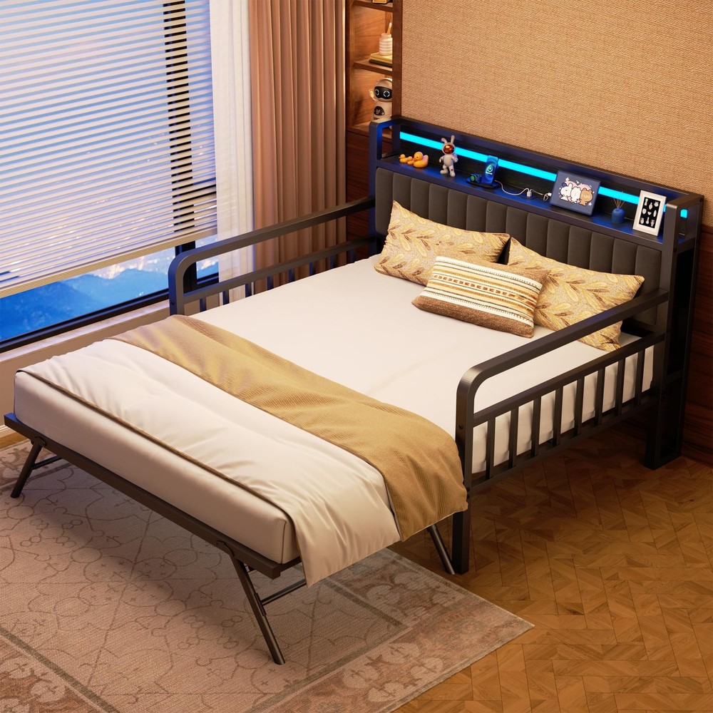 Full Bed Frame with Upholstered Storage Headboard & Charging Station Black Led