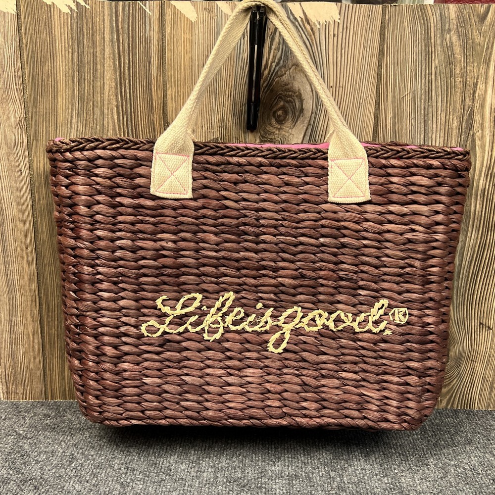 Life Is Good Cornhusk Picnic Basket Tote Bag Big Script Drawstring Inner Lining