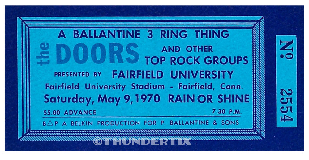 1 1970 THE DOORS UNUSED FULL CONCERT TICKET FAIRFIELD CONN. laminated reprint