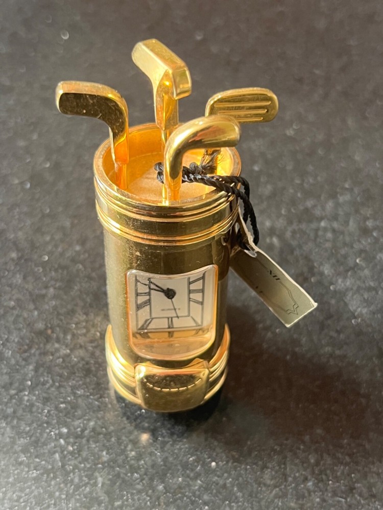 Mappin & Webb Golf themed solid brass desk clock, 3 1/8" high