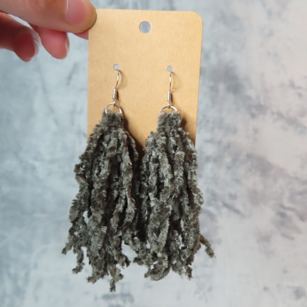 Pemby Studio Gray Chenille Tassel Dangle Earrings Silver Tone Statement Artisan