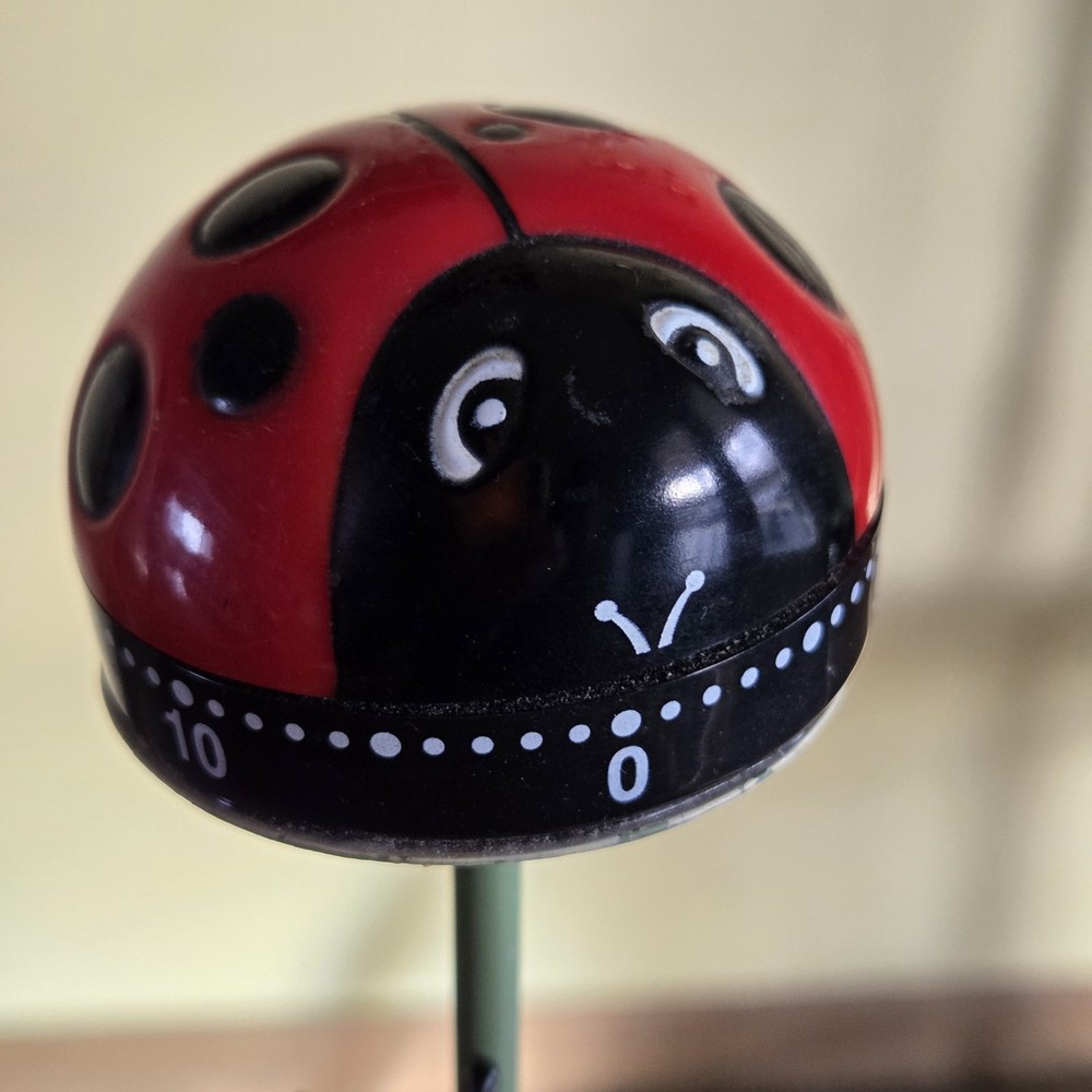 Ladybug Kitchen Timer on Handmade Stand with Anthropomorphic Ladybug Figure 8.5"