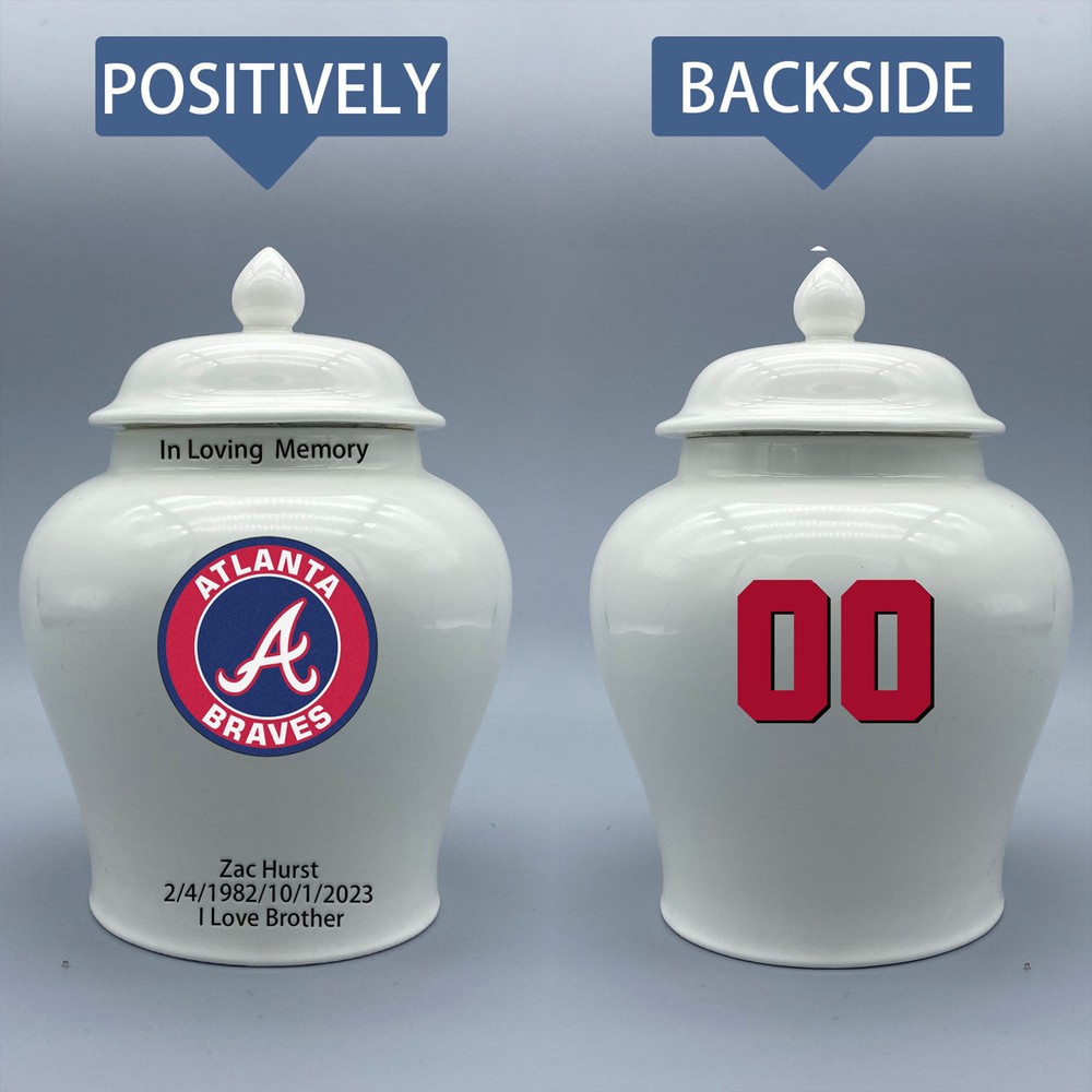 Ceramic Medium Urn for Atlanta Braves Baseball Theme, Custom Text & Number