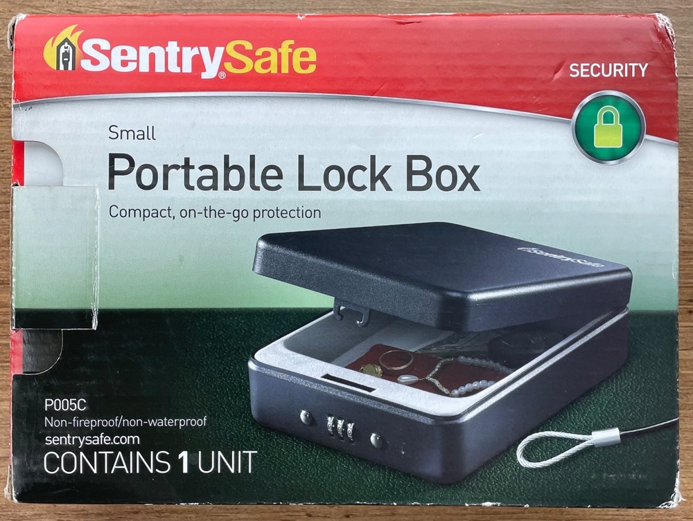 Portable Lock Box SentrySafe P005C w/Combination Lock & Tether Open Box