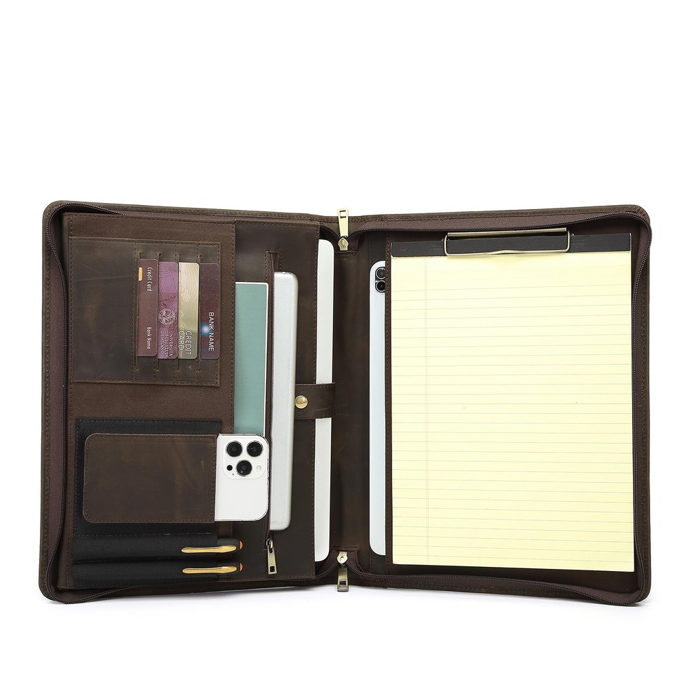 Genuine Leather Portfolio with Hidden Handle, Clipboard Folder, Front Pocket,...