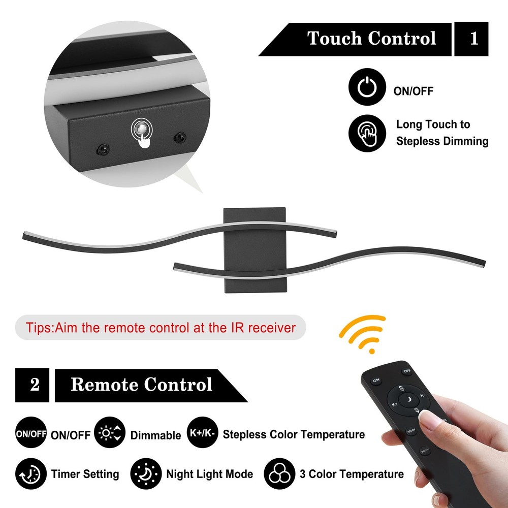 LED Wall Sconces 2 Pack Battery Operated Dimmable Remote Control Black Wireless