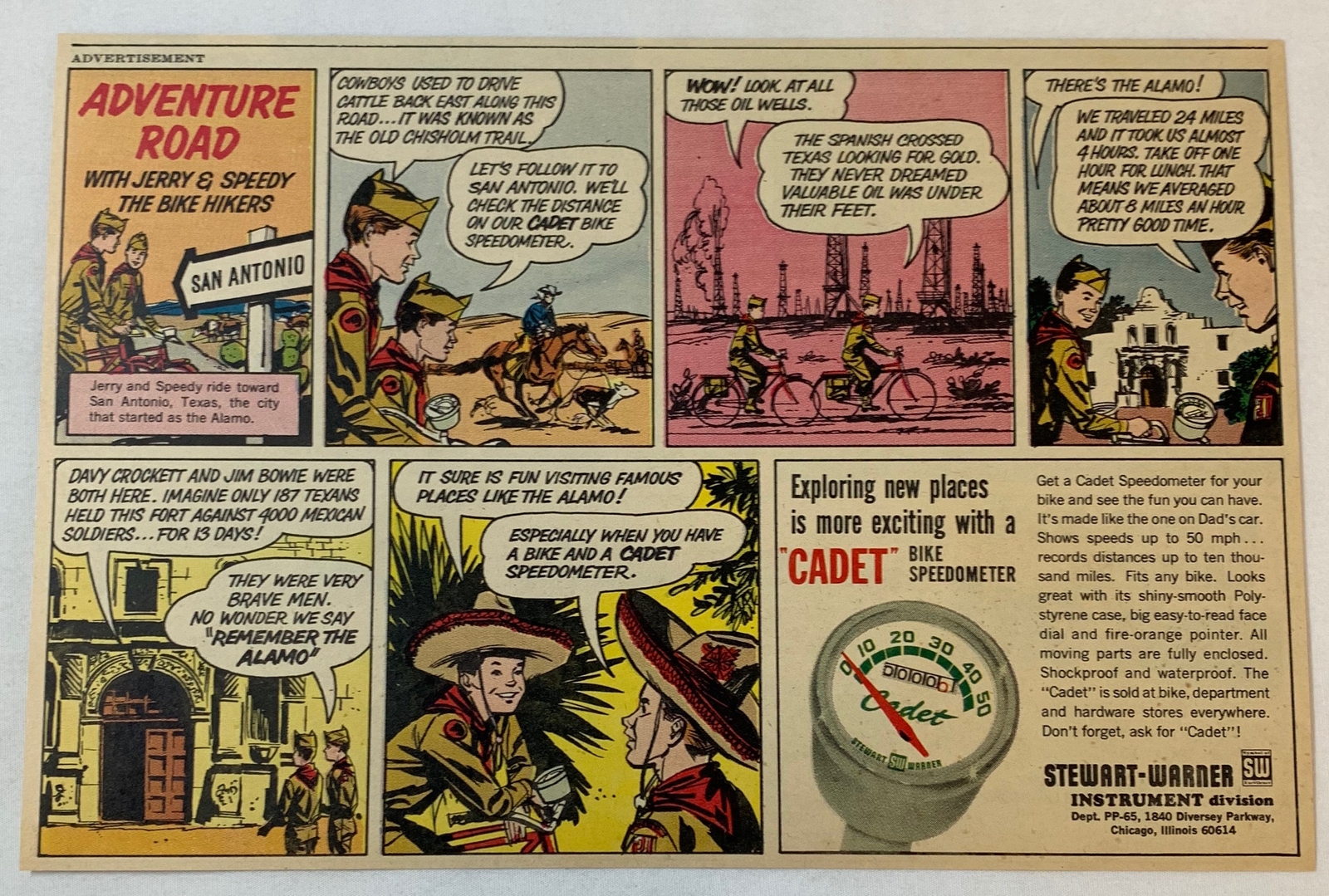 1965 Cadet Bike Speedometer cartoon ad ~ SAN ANTONIO, TEXAS ~ the Alamo