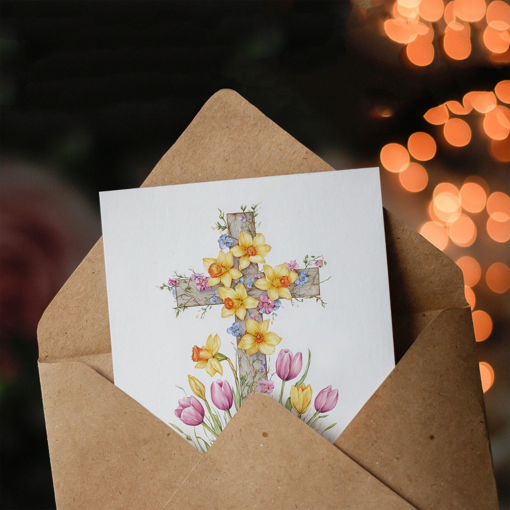 Happy Easter Greeting Card – Spring Flower Cross Design, Blank Inside