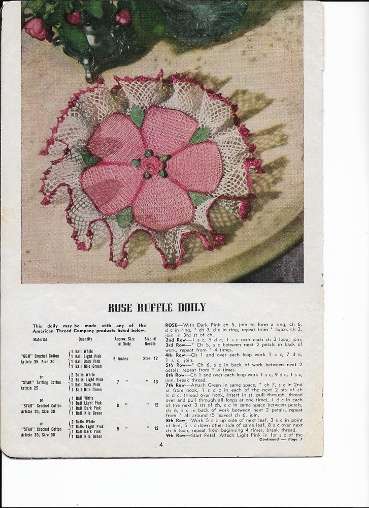 Vintage 1950 Crochet PATTERN for ROSE RUFFLE Doily